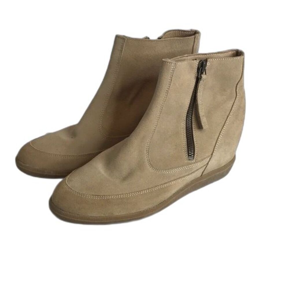 Maiden lane leather suede beige side zip up wedge ankle boots size 8.5 ladies